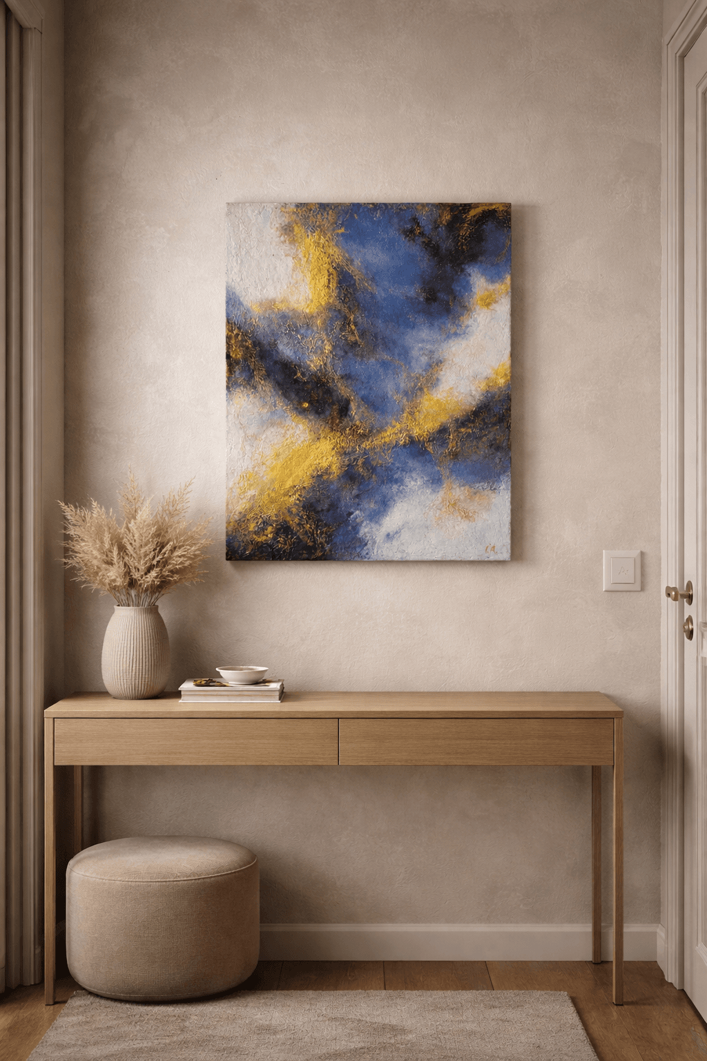 Tablou abstract albastru cu auriu 56x40 cm –pictură texturată, semnată — image 2