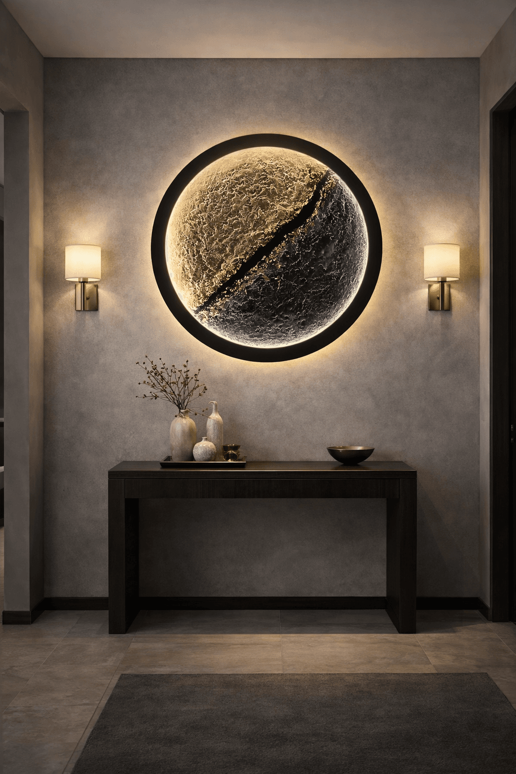 Tablou decorativ „Linia dintre lumi” 73 cm cu LED și foiță de aur – handmade, relief — image 2