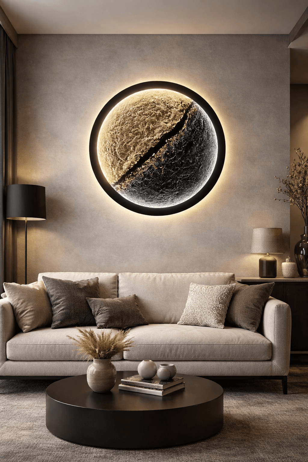 Tablou decorativ „Linia dintre lumi” 73 cm cu LED și foiță de aur – handmade, relief — image 3